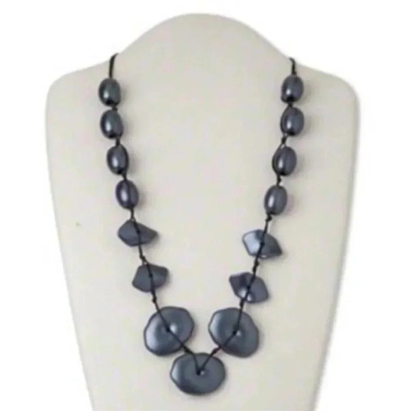 Mid Century Style Gray-Blue Geometric Oval Satin Metallic Beads Necklace - Picture 1 of 1